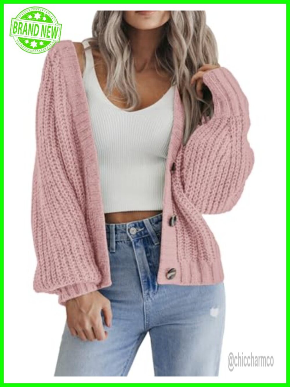 Chunky Knit Cardigan Button V-Neck Long Sleeve Sweater Casual Fall Winter